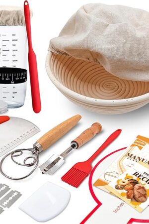 Complete Sourdough Starter Kit, Banneton Bread Proofing Basket with Glass Sourdough Starter Jar, Sourdough Bread Baking Supplies, 9'' Round Bread Proofing Basket, Sourdough Starter for Bread Making Baking Fermentation