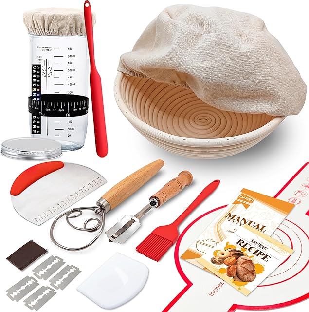Complete Sourdough Starter Kit, Banneton Bread Proofing Basket with Glass Sourdough Starter Jar, Sourdough Bread Baking Supplies, 9'' Round Bread Proofing Basket, Sourdough Starter for Bread Making Baking Fermentation