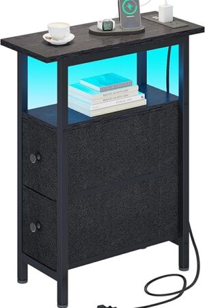 End Table with Charging Station, Narrow Side Table with 2 Fabric Drawers, Skinny Nightstand with LED Light, Slim Bedside Table for Bedroom, Living Room, Small Spaces, Black