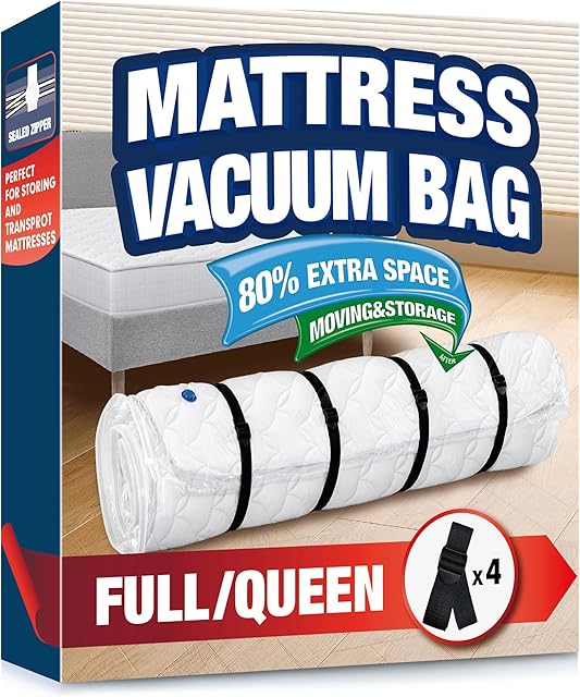 Vacuum Mattress Bag for Memory Foam and Latex with Band, Ideal for Convenient Moving, Storage and Transportation (Queen/Full) (Black)