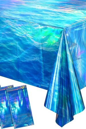 3 Pcs Iridescent Waves Tablecloths - Disposable Plastic Ocean Blue Table Cloth Rectangle Table Covers for Under the Sea Beach Surf Pool Party Birthday Party Decorations, 54 x 108 Inch