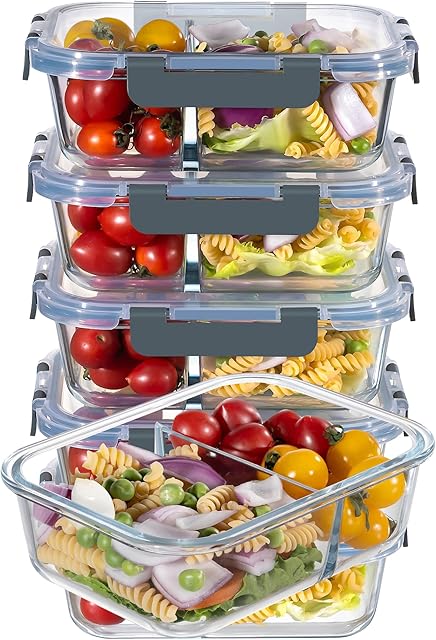 MFY 5-Pack 36 OZ Glass Storage Containers with Lids - 2 Compartment Meal Prep Set, Airtight Glass Lunch Containers, Microwave, Oven, Freezer & Dishwasher Safe, Gray
