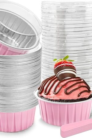 5 OZ Mini Loaf Pans with Lids Mini Cake Pans Baking Cups Disposable Ramekin for Cupake Pudding Party Wedding Birthday(50 Pack, Pink)