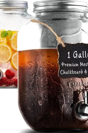 1 Gallon Cold Brew Coffee Maker - 3rd Generation Fine Mesh Filter - Stainless Steel Spigot - Extra Thick Large Glass Mason Jar Drink Dispenser Carafe, Iced Coffee Maker & Sun Tea Pitcher with Infuser.