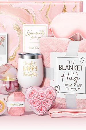 Birthday Gifts for Women Self Care Gifts Get Well Soon Gifts, Rose Relaxing Spa Gifts Basket Care Package w/ Luxury Flannel Blanket, Unique Mothers Day Gifts for Mom Her Friend Sister Wife Grandma