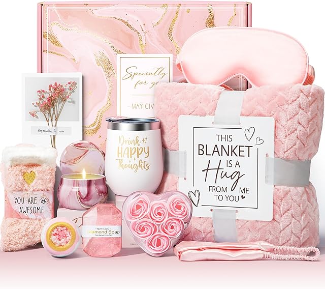 Birthday Gifts for Women Self Care Gifts Get Well Soon Gifts, Rose Relaxing Spa Gifts Basket Care Package w/ Luxury Flannel Blanket, Unique Mothers Day Gifts for Mom Her Friend Sister Wife Grandma