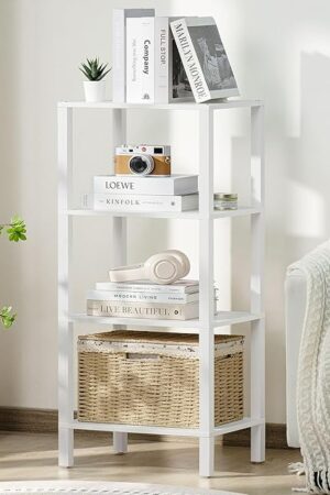 4 Tier Tall Wooden Bookshelf with Storage - Small White Bookcase for Small Spaces, Shelf for Living Room, Office, Bedroom, Kitchen - Industrial Modern Book Shelf