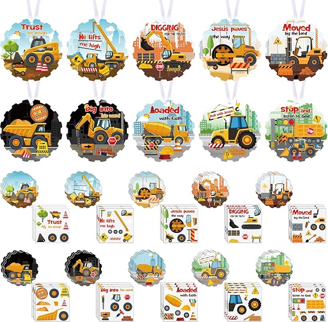 The 30 Sets Christian Crafts Construction Vehicle Stickers Bulk DIY Religious Sunday School Jesus Bible VBS Craft Ornaments for Summer Back to School Gifts Transportation Car Truck Party Favors