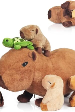 5 in 1 Capybara Plush, 14.2 Inches Capybara Stuffed Animal with Babies Inside Mommy Capybara Plush Pillow with 4 Baby Capybara Plushies Toys in Zippered Pouch for Kids Boys Girls Gifts Party Favors