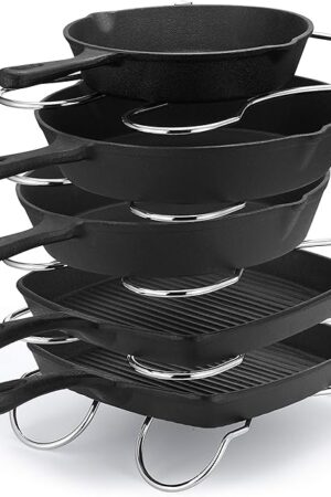 CAXXA Heavy Duty Pan Rack, Pot Lid Rack, Kitchen Cabinet Pantry Cookware Organizer Rack Holder with 5 Adjustable Dividers, Chrome