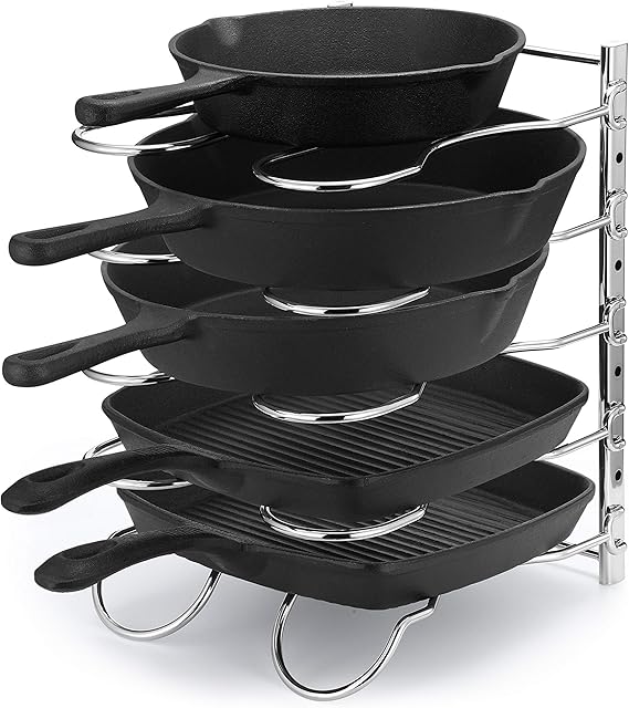 CAXXA Heavy Duty Pan Rack, Pot Lid Rack, Kitchen Cabinet Pantry Cookware Organizer Rack Holder with 5 Adjustable Dividers, Chrome