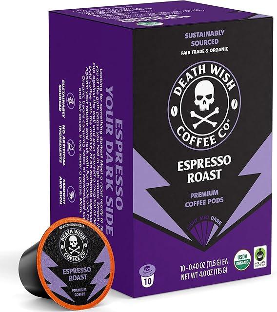 Death Wish Coffee, Espresso Roast Single Serve Coffee Pods - Fair Trade and Organic (10 Count)