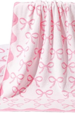 2 Pcs Pink Bow Bathroom Towels 100% Cotton Coquette Bow Bath Towels 28 x 55 Inch Absorbent Soft Preppy Bathroom Decor for Spa Gym Kitchen Women Gifts