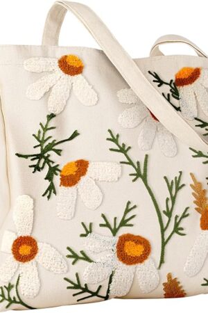 Aesthetic Embroidery Tote Bag for Women - Reusable Canvas Cute Shoulder Bag for Shopping, Grocery, Work, Book