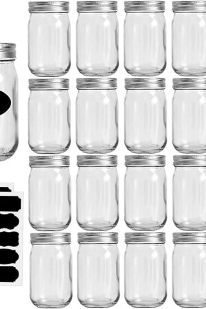 12oz Glass Jars With Lids Regular Mouth 20 Pack -Mason Jars 12 oz For Crafts, Meal Prep, Canning Jars For Food Storage Frascos De Vidrio Con Tapa Para Conservas-with 20 Chalkboard Stickers-Silver Lid