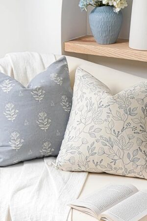 Coastal Blue Farmhouse Decorative Throw Pillow Cover 20x20 Set of 2, Floral Cotton Accent Throw Pillow for Couch Sofa Living Room, Cover ONLY