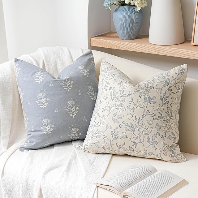 Coastal Blue Farmhouse Decorative Throw Pillow Cover 20x20 Set of 2, Floral Cotton Accent Throw Pillow for Couch Sofa Living Room, Cover ONLY