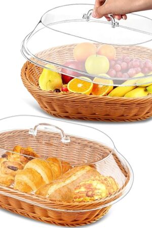 2 Pack Wicker Bread Food Basket with Acrylic Lid, Imitation Rattan Bread Basket, Bread Baskets for Serving Oval Woven Fruit Basket with Cover for Food Vegetables Display(13.78x9.84x5.91 In)