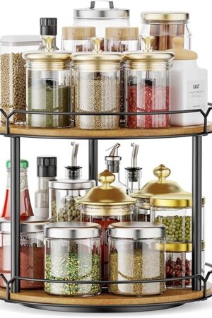 12.4" Lazy Susan Organizer 2 Tier - Rotating Spice Rack, Wooden Spinning Spice Holder for Inside Cabinet, Pantry, Kitchen, Countertop, Bathroom and Vanity, Versatile Storage