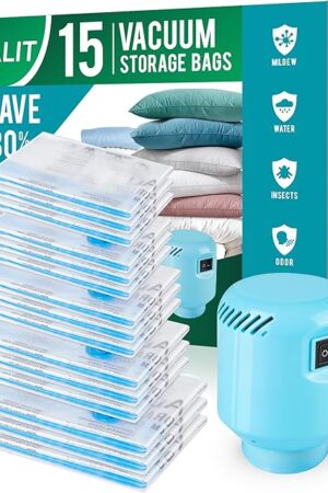 Vacuum Storage Bags with Electric Air Pump, New Air Valve Combo 15 Pack Compression Bag, Space Saving Vacuum Sealer Bags for Clothes, Blanket, Duvets, Pillows, Comforters, Travel, Two Compressing Ways