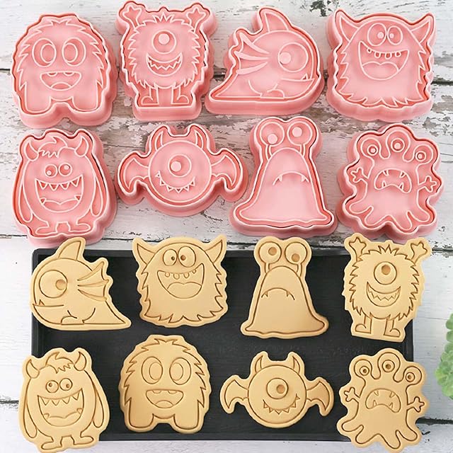 8 Piece Mini Halloween Cookie Cutters, 3d Monster Raised Design Cookie Stamps, Cookie Cutter Set suitable for Frosting Decoration, Day of The Dead Decorations (Halloween Monsters)