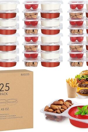 25 PCS Double Compartment Snack Containers with Lid, Reusable Leakproof Dipping Containers with Compartments, Containers for Snacks, Condiments, Fruit, Meal Prep, Takeout