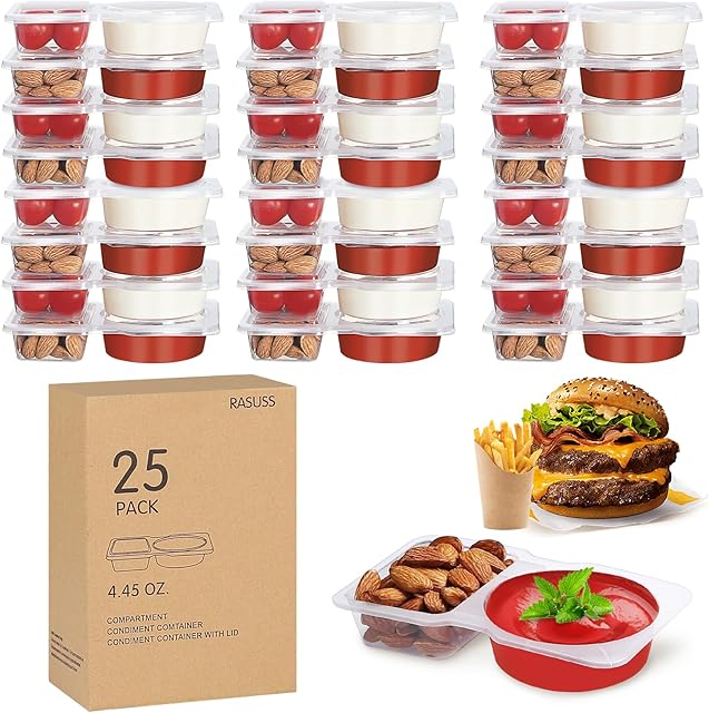 25 PCS Double Compartment Snack Containers with Lid, Reusable Leakproof Dipping Containers with Compartments, Containers for Snacks, Condiments, Fruit, Meal Prep, Takeout