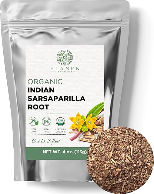Elanen Naturals Organic Sarsaparilla Root 4 oz (113g) USDA Certified | Hemidesmus Indicus | Cut & Sifted | Indian Sarsaparilla Tea