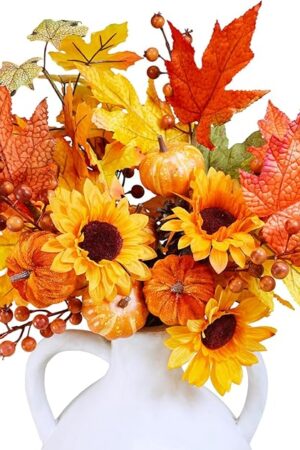 Winlyn 8 Pcs Fall Harvest Artificial Maple Leaf Stems Fall Picks and Sprays with Orange Pumpkins Sunflower Heads Pine Cones Berries 13" for Thanksgiving Autumn Wedding DIY Wreath Floral Arrangements