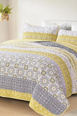 WONGS BEDDING Quilt Set Queen Yellow Striped Patchwork with 2 Pillowcases Microfiber 96"×90"