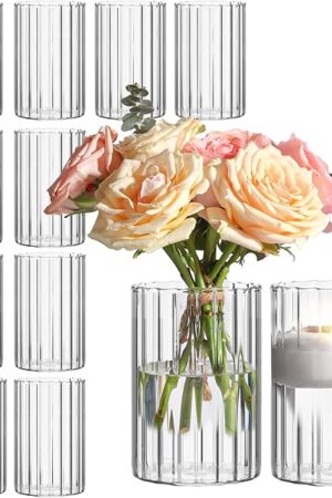 ComSaf Glass Cylinder Vases Pack of 12, Clear Ribbed Bud Vases for Centerpieces Weeding Decoration, 6 inch Tall Clear Flower Vases in Bulk, Hurricane Candle Holder for Party Home Decor