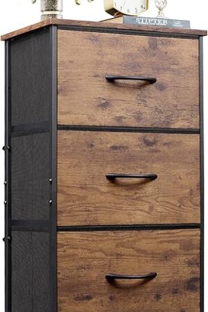 WLIVE Dresser with 3 Drawers, Fabric Nightstand, Organizer Storage Dresser for Bedroom, Hallway, Entryway, Closets, Sturdy Steel Frame, Wood Top, Easy Pull Handle, Rustic Brown Wood Grain Print