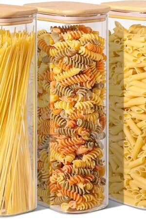ComSaf 2.2 Qt Rectangle Glass Storage Containers with Lids, Glass Jars with Bamboo Lids, Clear Food Storage Jar, Tall Spaghetti Container, Pantry Storage Container for Pasta Flour Oats Nuts Rice
