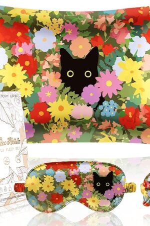 1Pack Mulberry Silk Pillow Case for Hair and Skin Standard 26"x20" Silk Pillowcase with Eye Mask & Scrunchie Soft Silk Pillowcase Sleeping for Women, Wife, Female - Cat Flower