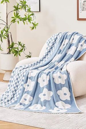 Checkered Throw Blanket Dusty Blue Knit Checkerboard 50 x 60 inch