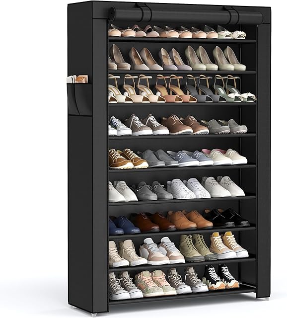 SONGMICS Shoe Rack with Non-Woven Fabric Cover, 9 Tier Storage Shelf for 40-50 Pairs of Shoes, Entryway, Suitable for Sneakers, High Heels, Flats, and Boots, Black URXJ36HV1