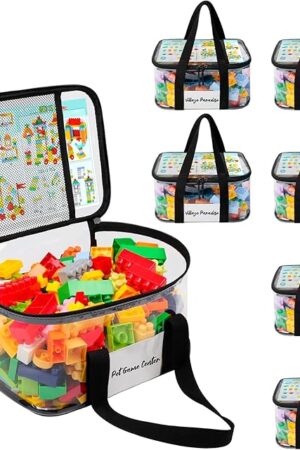 6 Pack Clear Toy Storage Bags for Lego with Tag Slot& Manual Pocket, Waterproof Transparent PVC Toy Organizer Case for Lego Bricks, Board Games, Building Blocks, Puzzles (Double Handle, Black)