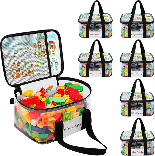 6 Pack Clear Toy Storage Bags for Lego with Tag Slot& Manual Pocket, Waterproof Transparent PVC Toy Organizer Case for Lego Bricks, Board Games, Building Blocks, Puzzles (Double Handle, Black)