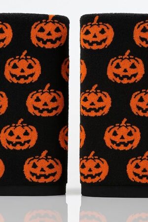 Breling 2 Pcs Halloween Pumpkin Hand Towels Orange Black Cute Bathroom Towels 100% Cotton Highly Absorbent Soft Kitchen Dish Halloween Gifts for Holiday Decorations, 13 x 29 Inch