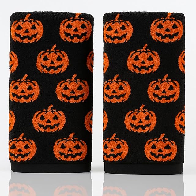 Breling 2 Pcs Halloween Pumpkin Hand Towels Orange Black Cute Bathroom Towels 100% Cotton Highly Absorbent Soft Kitchen Dish Halloween Gifts for Holiday Decorations, 13 x 29 Inch