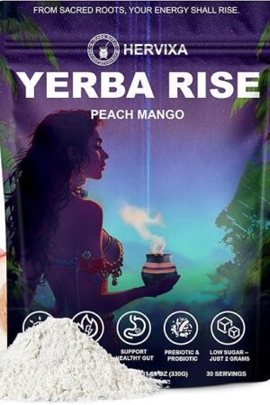 Yerba Mate Peach Mango Energy Tea Powder – Clean Plant-Based Focus Drink with Probiotics & Adaptogens – Low Sugar, No Crash, Smooth Taste – 30 Refreshing Servings