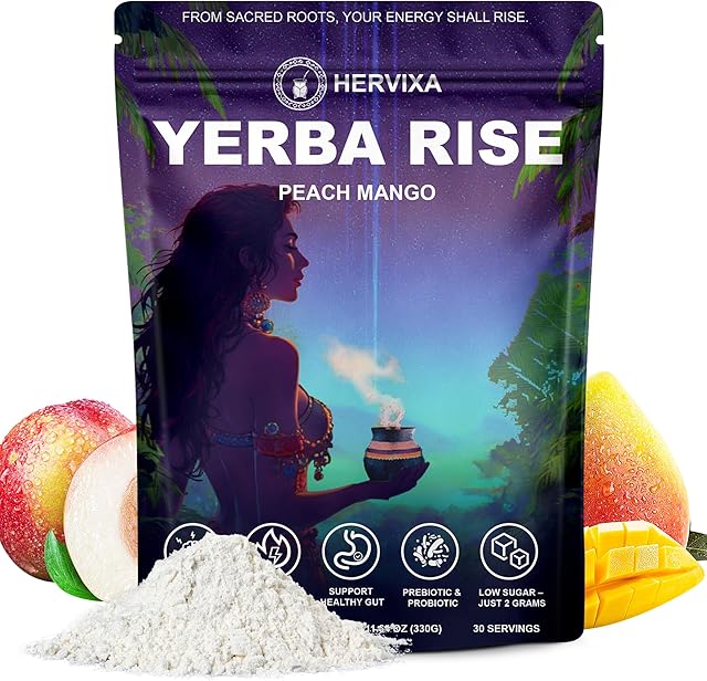 Yerba Mate Peach Mango Energy Tea Powder – Clean Plant-Based Focus Drink with Probiotics & Adaptogens – Low Sugar, No Crash, Smooth Taste – 30 Refreshing Servings