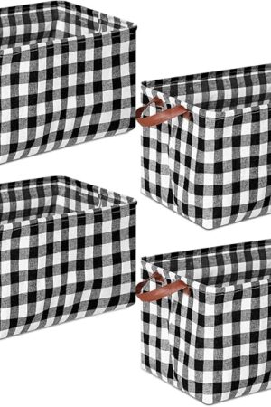 Boao 4 Pcs Buffalo Plaid Storage Baskets Black and White Bins Large Checkered Fabric Box with Handle Household Foldable Organizer Containers for Bathroom Bedroom(Simple Style)