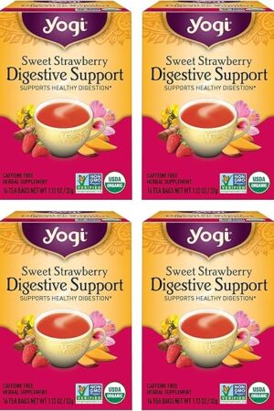 Yogi Sweet Strawberry Digestive Support Herbal Tea, Caffeine-Free, Vegan Friendly, Kosher, USDA Certified Organic, Non-GMO, 16 Tea Bags (Pack of 6)