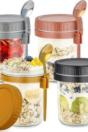 DRKIO 4 Pack Overnight Oats Containers with Lids and Spoons 16 Oz Glass Mason Jars for Overnight Oats Jars Leak Proof Oatmeal Container Great for Cereal Fruit Vegetable Milk Salad Yogurt Meal Prep