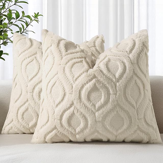 decorUhome Fall Throw Pillow Covers 18x18 Inch Set of 2, Soft Plush Decorative Faux Fur Beige Solid Couch Pillow Covers, Accent Farmhouse Neutral Square Euro Pillow Cases for Sofa Bed Living Room
