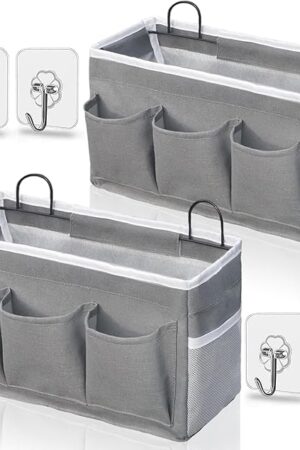2pcs 3-pockets Large Wall Hanging Organizer Bag, Linen Fabric Door Hanging Storage Baskets with Pockets, Waterproof Bin for Kitchen, Bedroom, Office, RV Camper (Gray_2pcs)