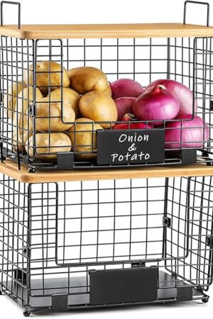 2 Set XL Stackable Wire Basket with Bamboo Tops & Tags- Pantry Organizer and Storage Bins, Kitchen Counter Cabinet Shelf Countertop Under Sink Organizing, Food Snack Produce Onion Potato Bread Storage
