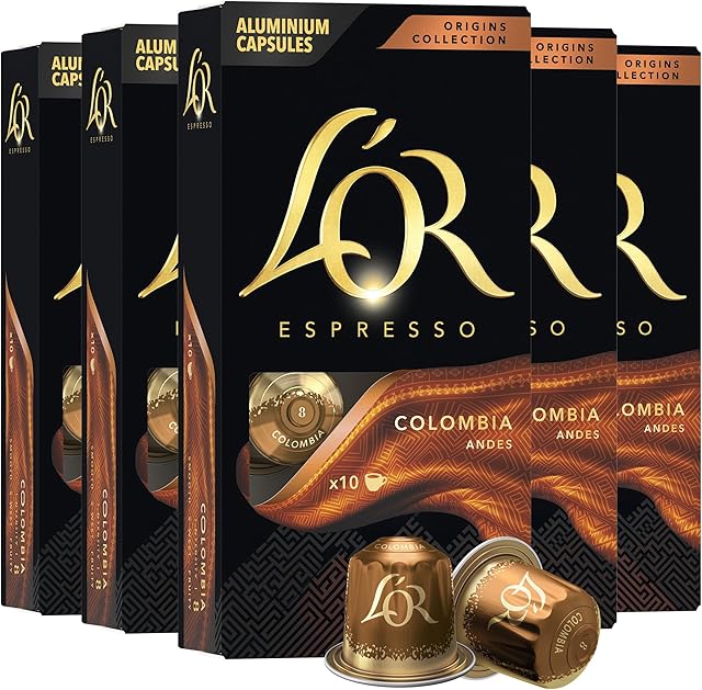 L'OR Espresso Capsules, 50 Count Colombia, Single-Serve Aluminum Coffee Capsules Compatible with the L'OR BARISTA System & *Nespresso Original Machines