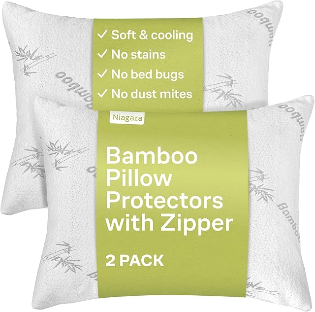 Cloud-Like Pillow Protectors with Zipper Standard Size - Breathable Cooling Pillow Covers for Hot Sleeprers - 100% Resistant to Stains, Dust & Dirt (White 2-Pack)